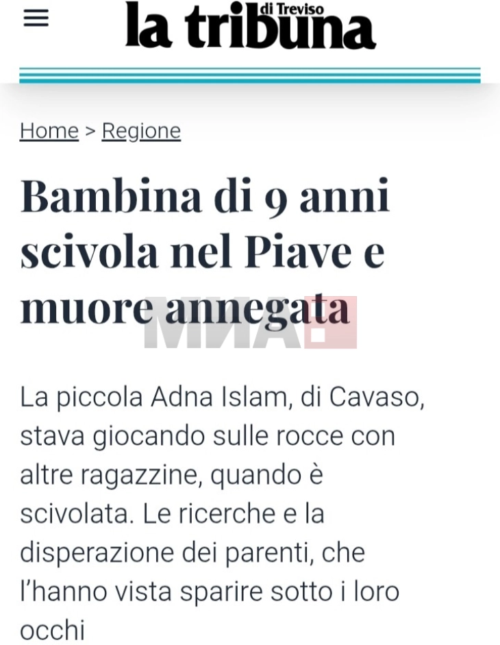 Në Itali mbytet një 9 vjeçare me prejardhje nga Maqedonia