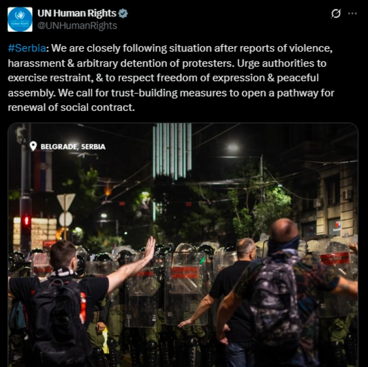 ОН за човекови права: Властите во Белград да ја почитуваат слободата на изразување и собирање; Во Белград целосен прекин на градскиот јавен транспорт