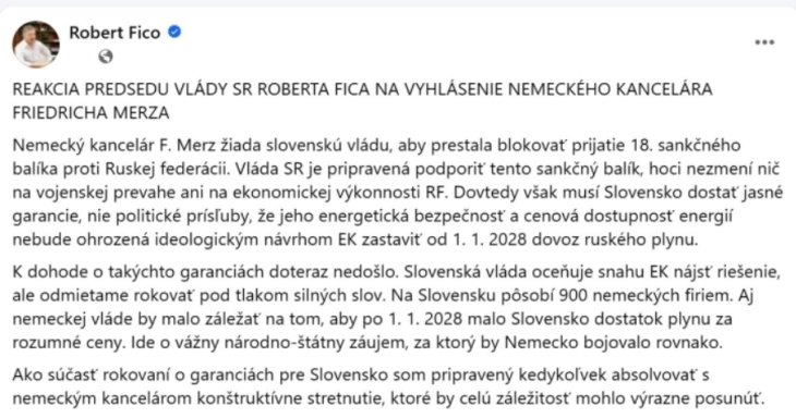 Фицо подготвен да се сретне со Мерц „за да го решат прашањето за санкциите против Русија“