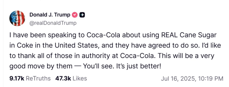 Трамп тврди дека Кока-Кола се „согласила“ да го замени шеќерот во американската Кока-Кола