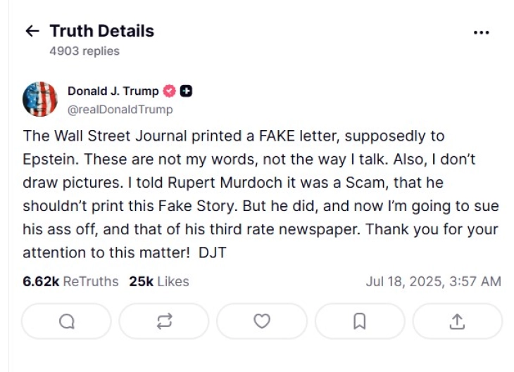 Трамп: Писмото што ме поврзува со Епстајн е лажно, ќе тужам