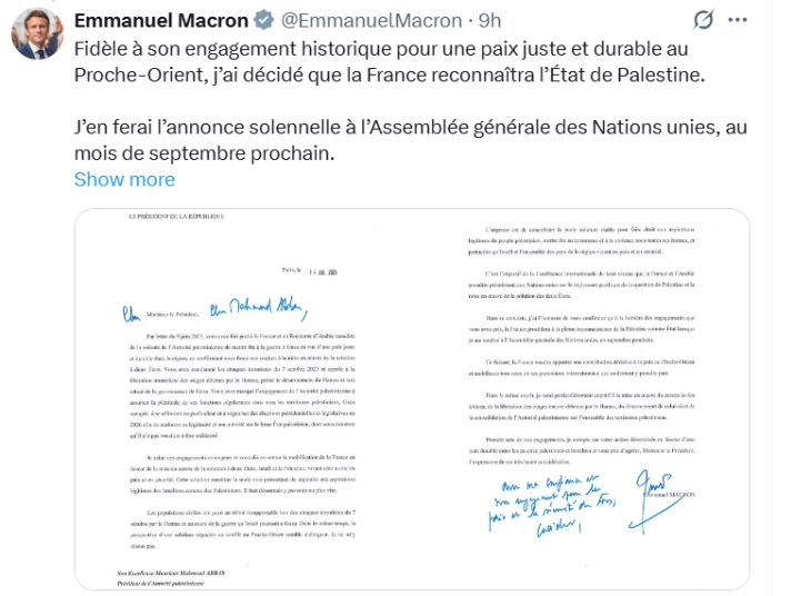 Macron says France will recognize Palestine as a state