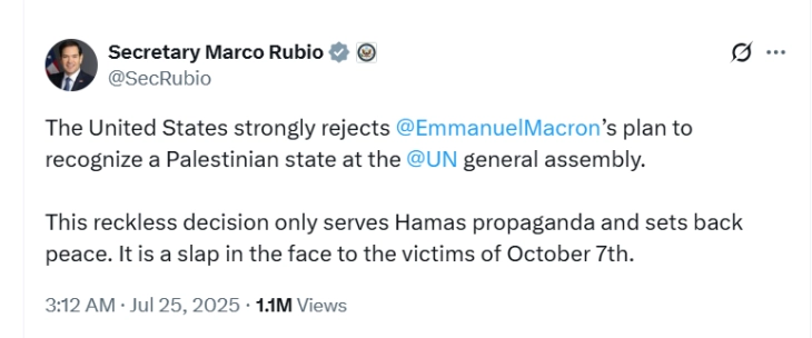 US slams Macron's announcement to recognize Palestinian state