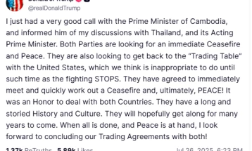 Трамп: Разговарав со лидерите на Камбоџа и  наТајланд, двете земји сакаат прекин на огнот