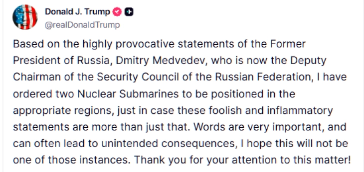 Trump deploys two nuclear submarines after Medvedev comments