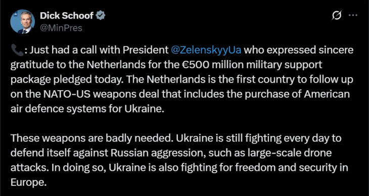 Holanda do t'i dërgojë armë në vlerë prej 500 milionë euro Kievit, përfshirë edhe raketa 