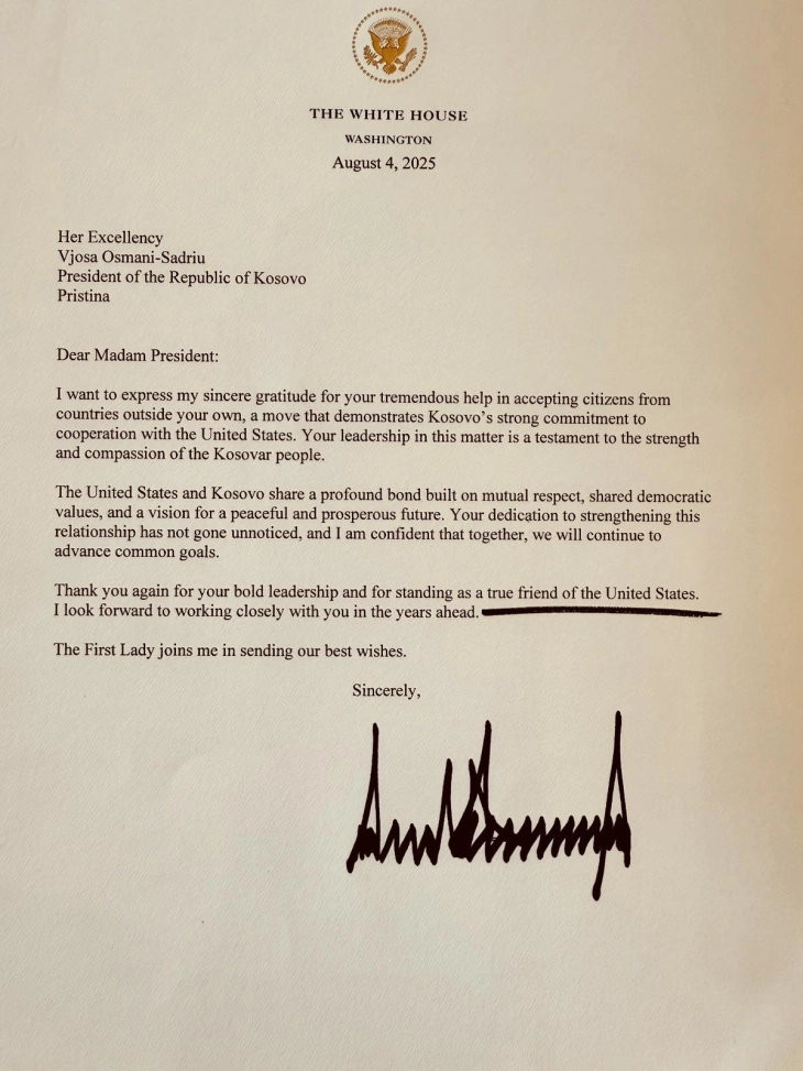 Osmani: Mbetem e përkushtuar të punojmë së bashku me presidentin Tramp për ta thelluar edhe më tej aleancën tonë në vitet që vijnë