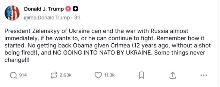 Трамп: Зеленски би можел да ја заврши војната со Русија речиси веднаш