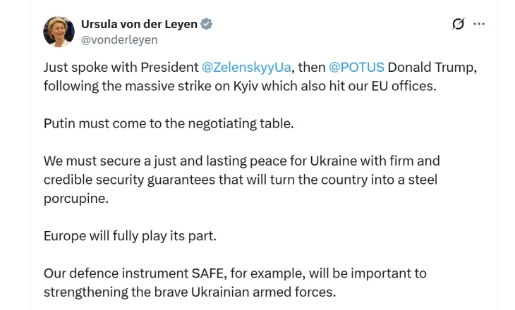 Лајен по нападот на Киев разговарала со Зеленски и Трамп