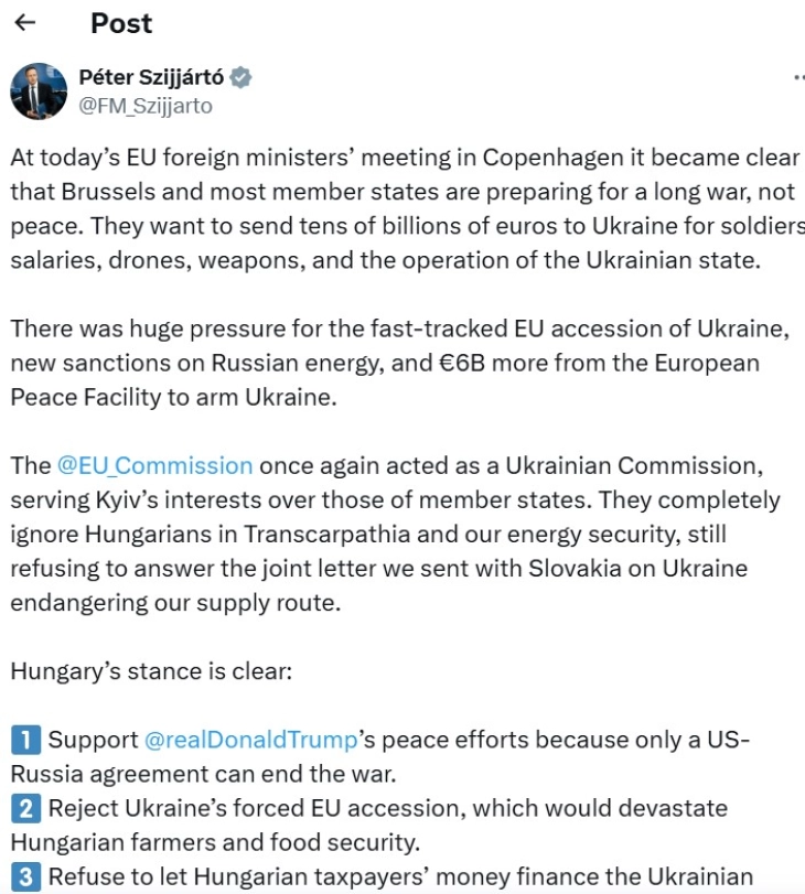 Szijjártó: Most EU member states preparing for long war, not peace