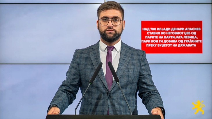 Манасиевски: Над 700 илјади денари Апасиев ставил во неговиот џеб од парите на партијата Левица, пари кои ги добива од граѓаните преку Буџетот на државата