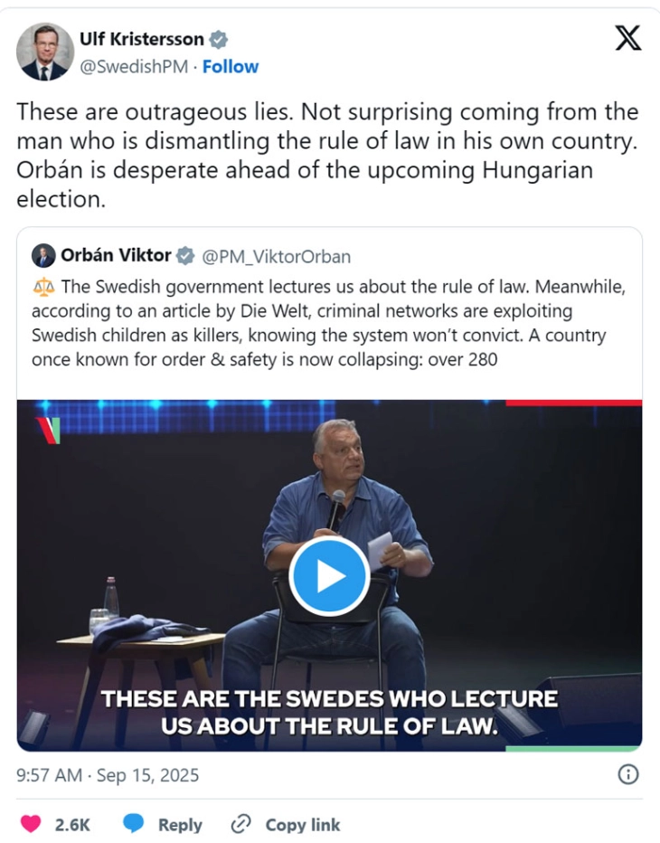 Кристершон го обвини Орбан за ширење на „одвратни лаги“ за Шведска