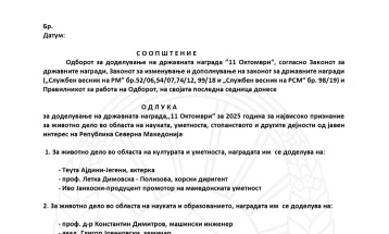 Актерката Теута Ајдини-Јегени и други истакнати личности добитници на наградата „11 Октомври“ за животно дело во 2025 година