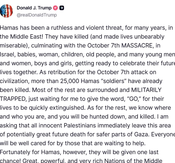 Трамп со ултиматум до Хамас: Имате рок до недела во 18 часот или пеколот ќе се урне врз вас