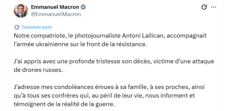 Макрон: Француски фоторепортер загина од руски дрон на фронтот во Украина