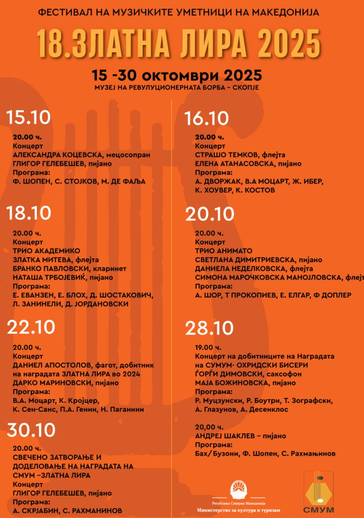 Почнува 18. издание на Фестивалот на камерна музика „Златна лира“