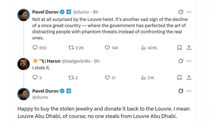 Дуров по грабежот во Лувр: Би го купил украдениот накит и би му го подарил на Лувр во Абу Даби