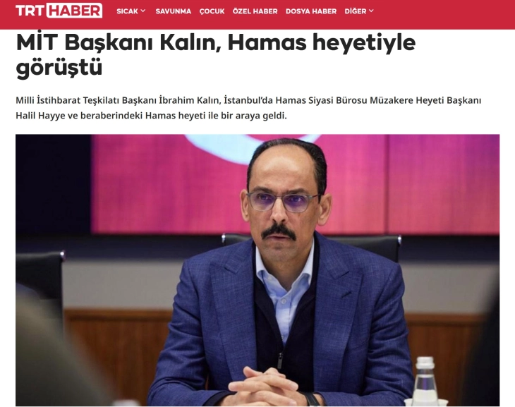 Drejtori i inteligjencës turke është takuar me përfaqësues të Hamasit