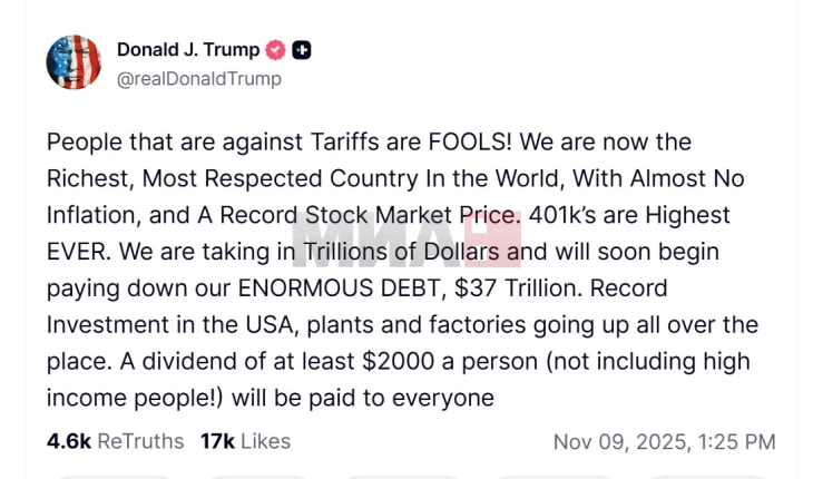 Trampi dëshiron t'u paguajë 2.000 dollarë të gjithë qytetarëve amerikanë