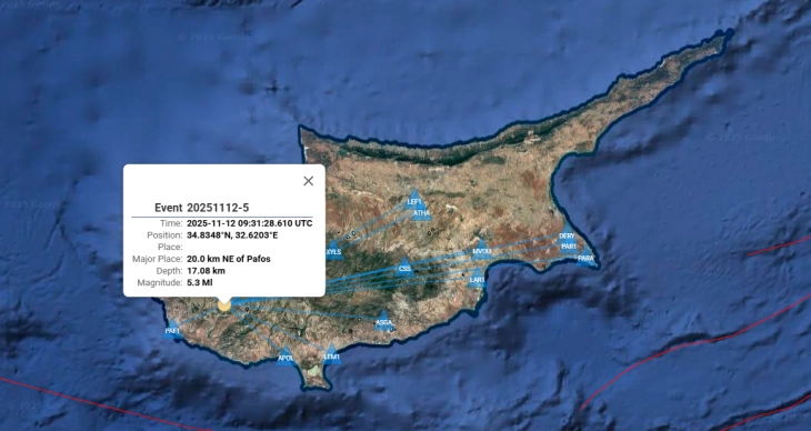 Земјотрес со јачина од 5,3 степени регистриран на Кипар
