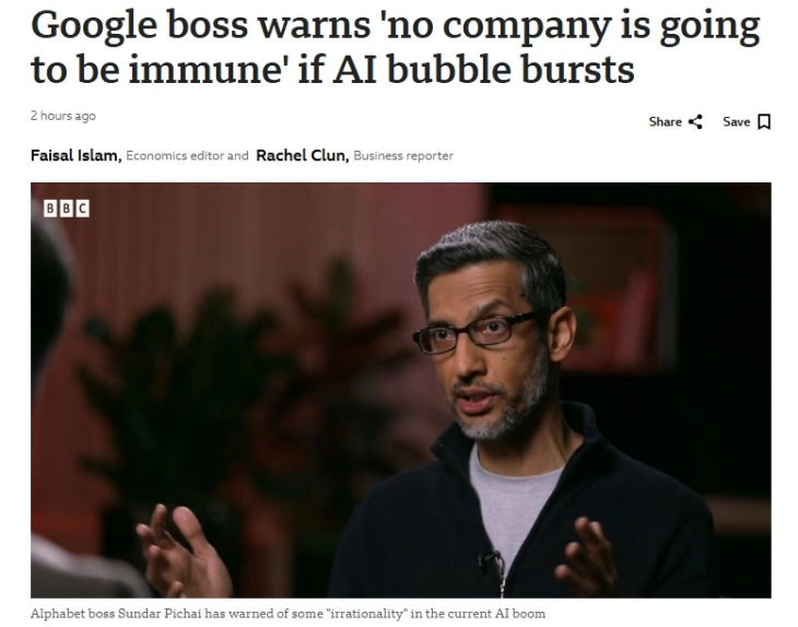 Шефот на Гугл предупредува: „Ниедна компанија нема да биде имуна“ ако пукне балонот со вештачката интелигенција