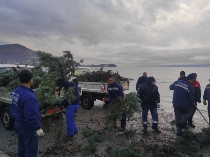 Екипи на јавните претпријатија интервенираат за справување со последиците од обемните врнежи и силниот ветар што го зафати Охридскиот регион