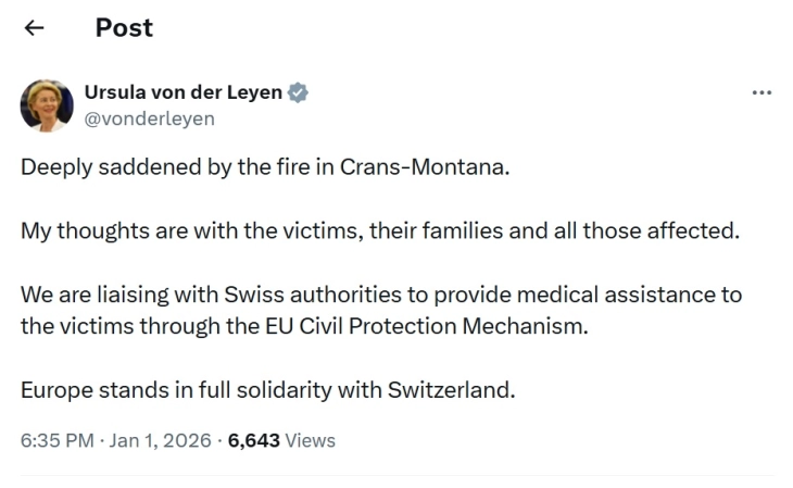 Фон дер Лајен изрази сочувство за жртвите во Кран-Монтана