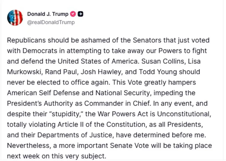 Трамп упати остри критики до сенаторите-републиканци кои гласаа за ограничување на неговите воени овластувања