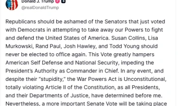 Трамп упати остри критики до сенаторите-републиканци кои гласаа за ограничување на неговите воени овластувања