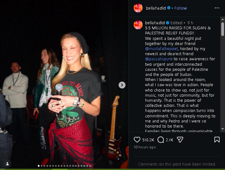 Bella Hadid, Pedro Paskal dhe personalitete të tjera të famshme tubuan 5,5 milionë dollarë për ndihmë Palestinës dhe Sudanit