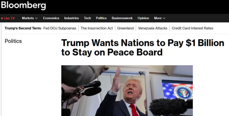 Блумберг: Трамп бара милијарда долари за постојано членство во „Одборот за мир“