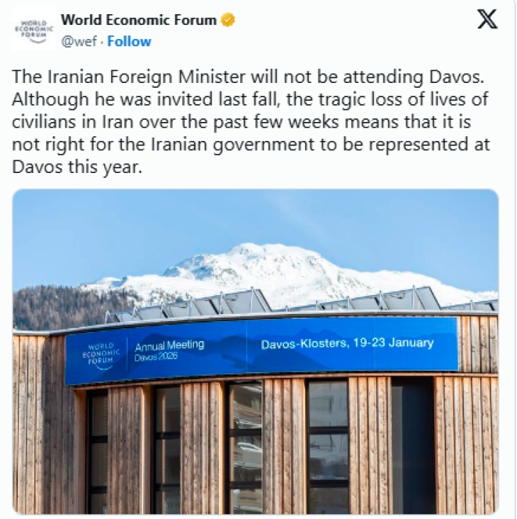 Иранскиот министер за надворешни работи нема да присуствува на форумот во Давос поради репресиите, објавија организаторите