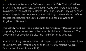 НОРАД најавува испраќање на своите авиони во база во Гренланд