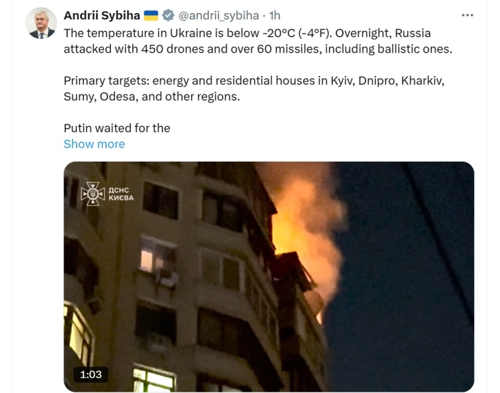 Сибиха: Русија чекаше температурите да паднат пред нов напад врз енергетскиот систем