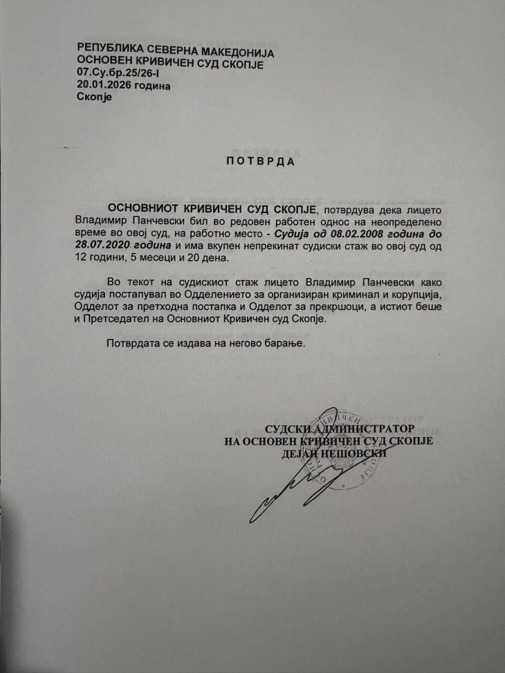 Pançevski e publikoi vërtetimin nga Gjykata Themelore Penale se e plotëson kushtin për prokuror themelor publik