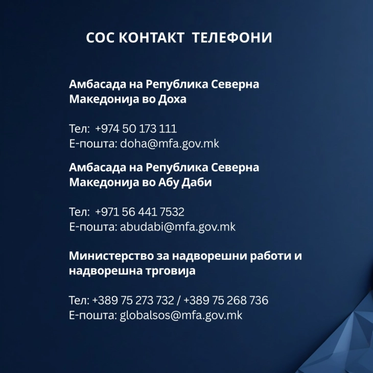 МНРиНТ и амбасадите во Доха и Абу Даби апелираат до македонските државјани да ги следат информациите и да ги контактираат за помош