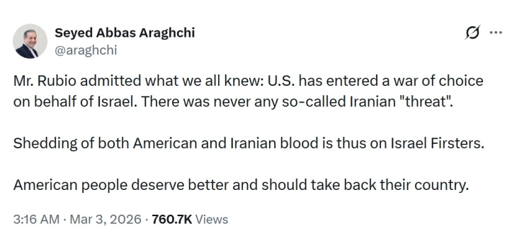 Aragçi: SHBA hyri në luftë sipas zgjedhjes së vet në emër të Izraelit