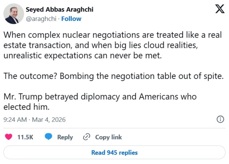 Арагчи: Трамп ја предаде дипломатијата - ја бомбардира преговарачката маса од инает