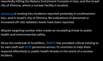 Директорот на СЗО: Нападите врз нуклеарните постројки во Иран и во Израел ја доведоа војната во опасна фаза