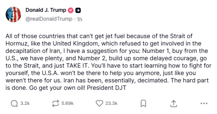 Трамп ги повика земјите што не помогнаа во нападите врз Иран „сами да си ја земат нафтата“ од Ормуската Теснина