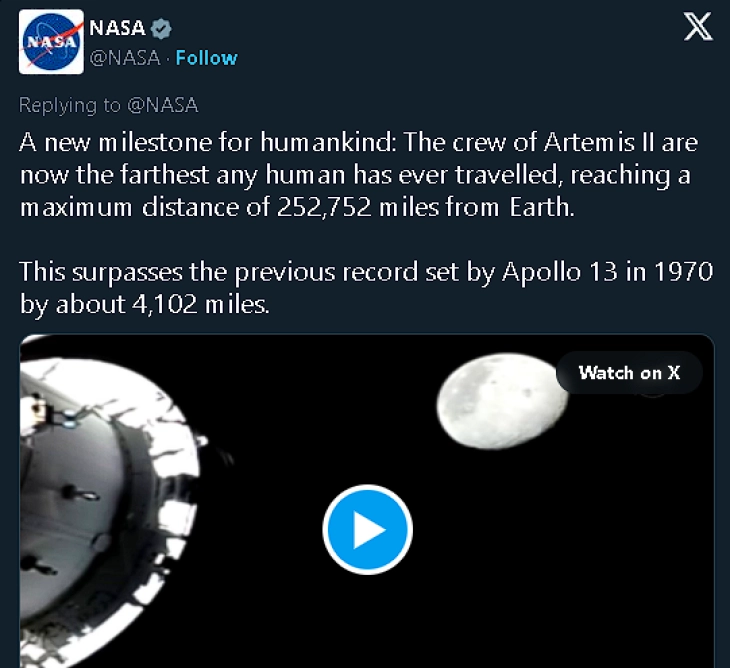 НАСА: Срушен е рекордот - човек отпатува најдалеку од Земјата досега