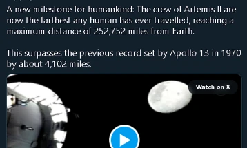Artemis 2 astronauts break record for travelling furthest from Earth