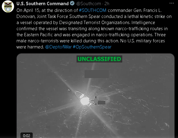 Американската војска уби тројца во напад врз сомнителен брод за дрога